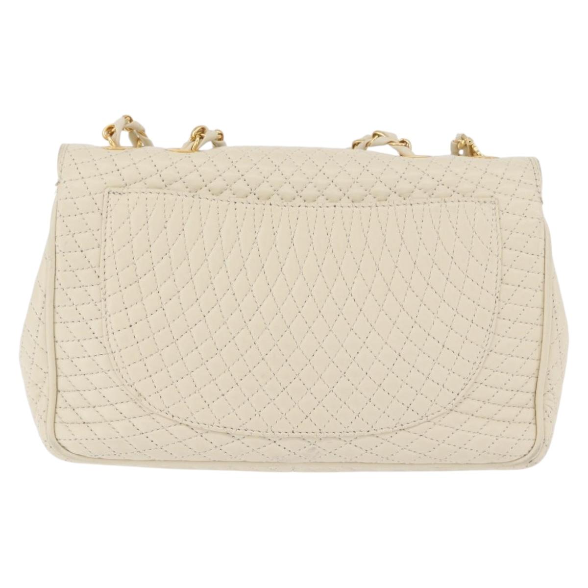 BALLY Quilted Chain Shoulder Bag Leather White Gold Auth 153254