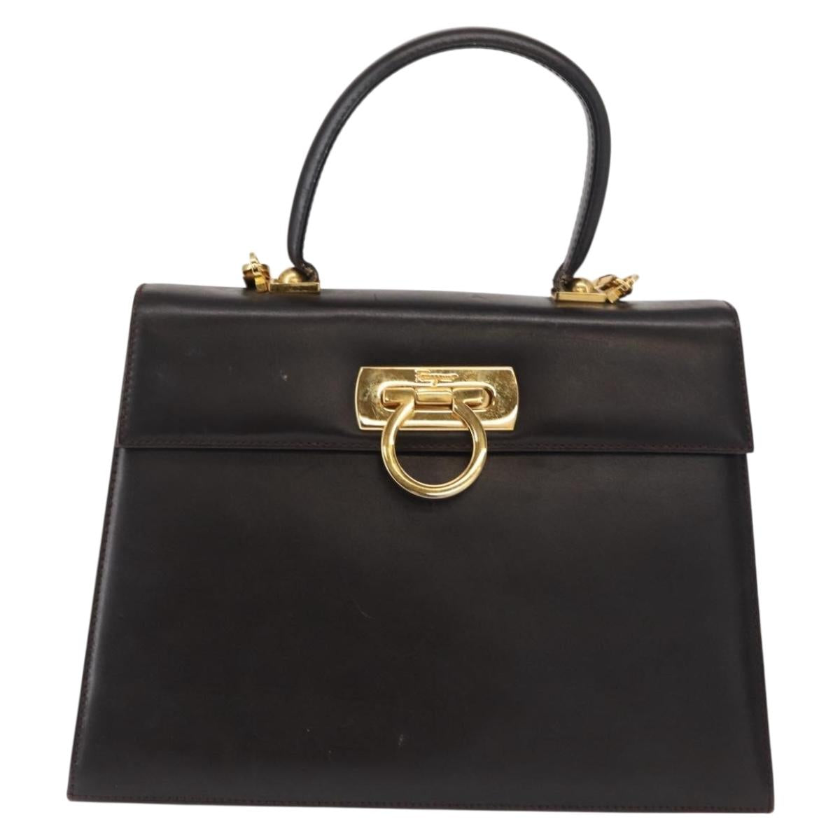 Salvatore Ferragamo Gancini Hand Bag Leather 2way Dark Brown Gold Auth 153307
