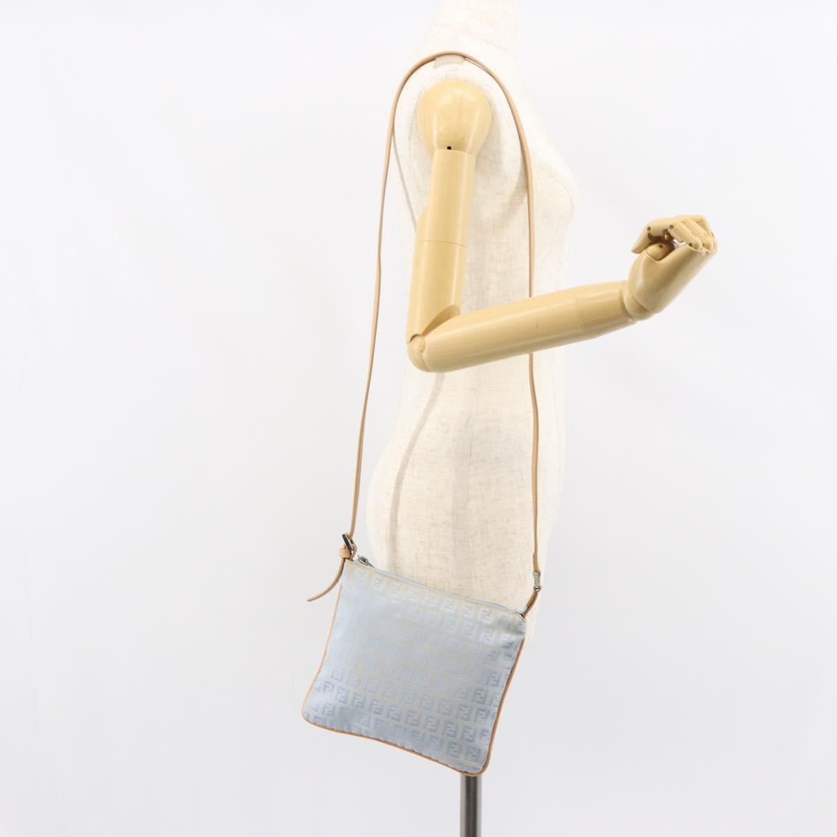 FENDI Zucchino Canvas Shoulder Bag Light Blue Silver Auth 153315