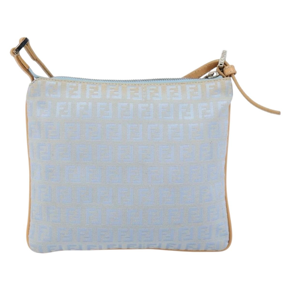 FENDI Zucchino Canvas Shoulder Bag Light Blue Silver Auth 153315