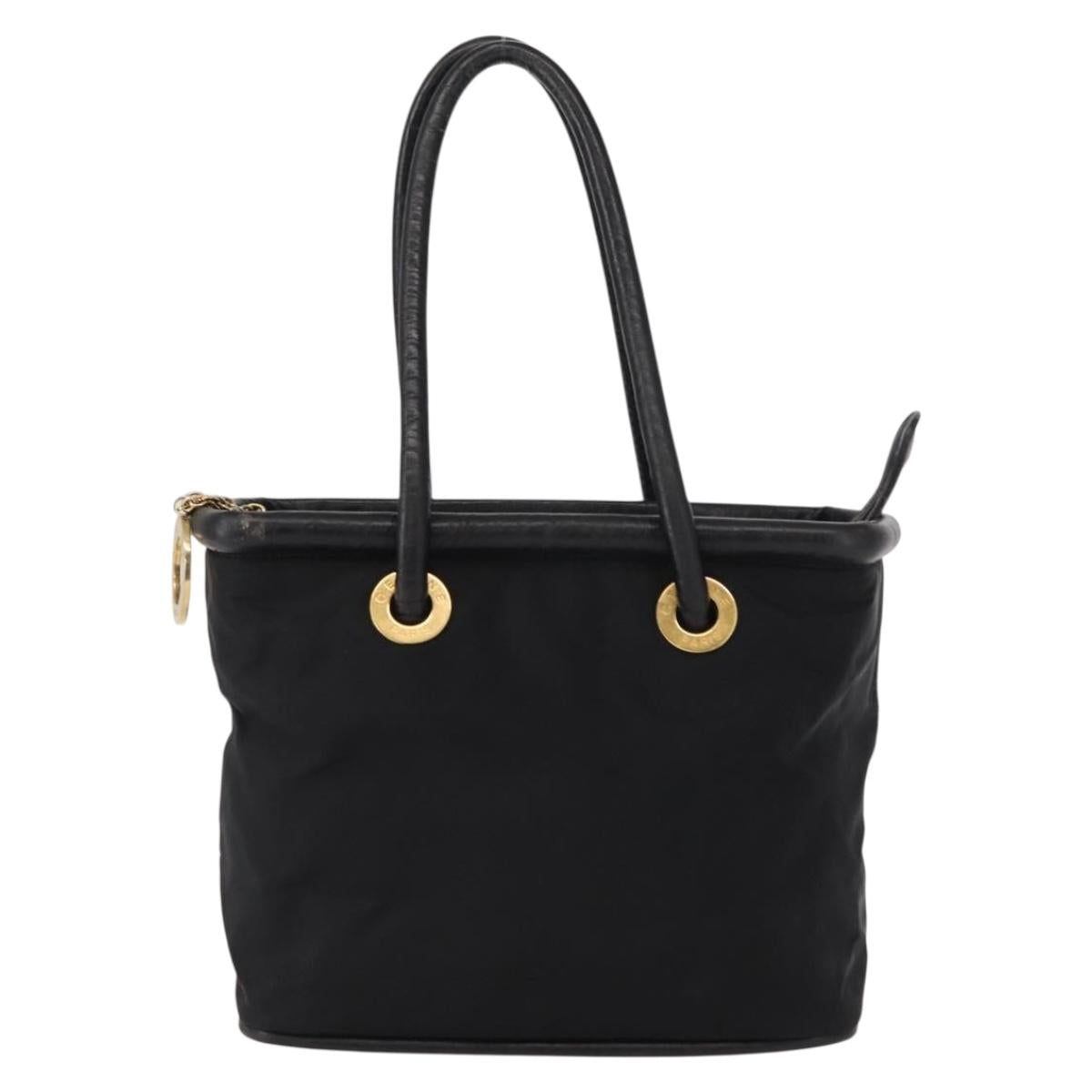 CELINE Circle Hand Bag Nylon Leather Black Gold Auth 153316