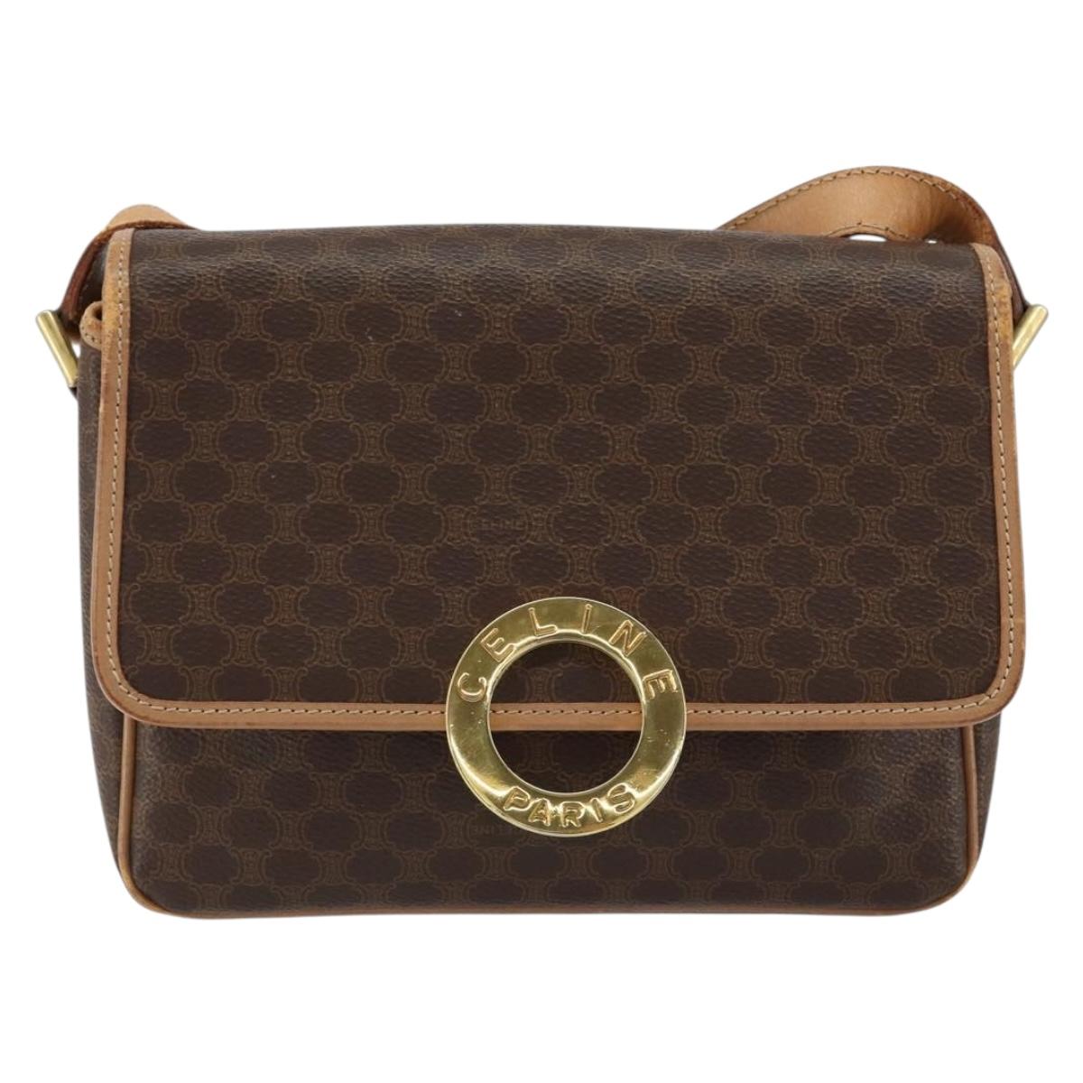CELINE Macadam Canvas Circle Shoulder Bag PVC Leather Brown Gold Auth 153317
