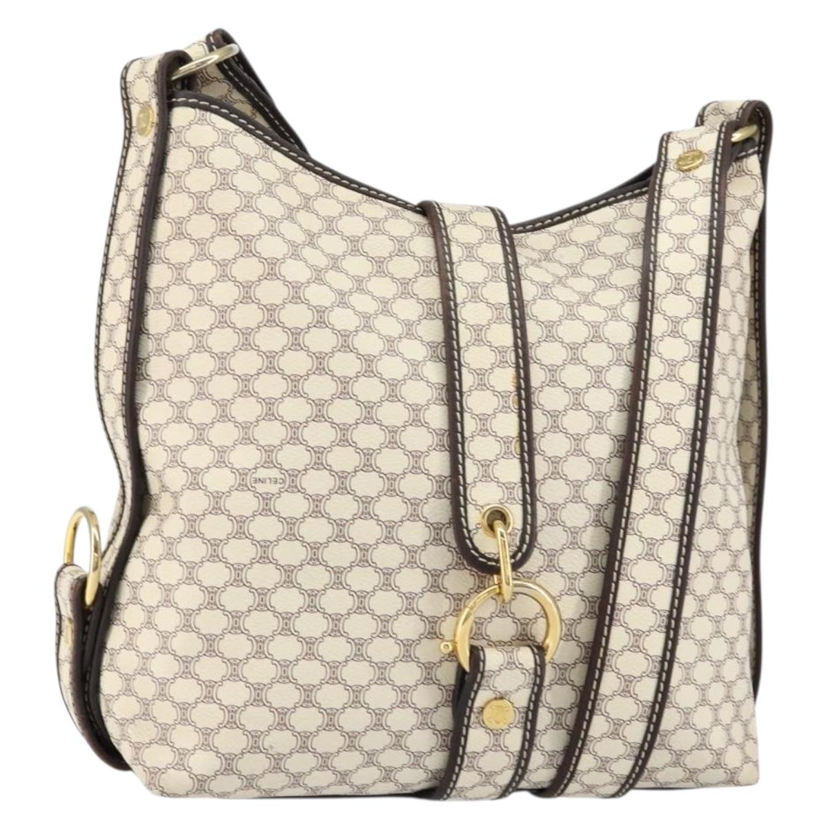 CELINE Macadam Canvas Shoulder Bag PVC Leather White Gold Auth 153319