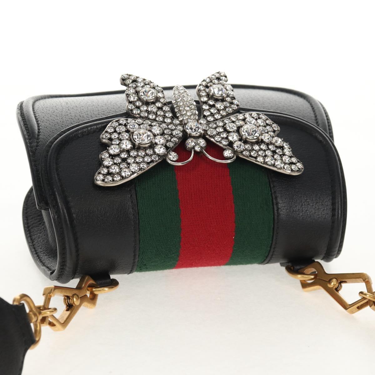 GUCCI Totem Butterfly Web Sherry Line Bag Leather Black 505387 Auth 153330SAM