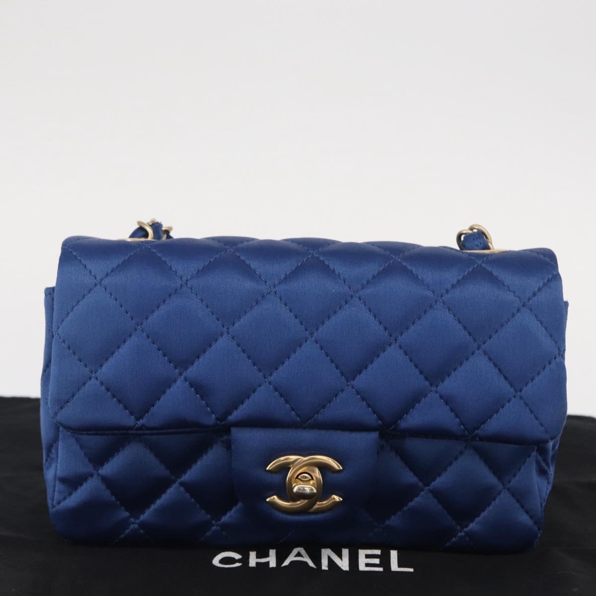 CHANEL Matelasse 20 Chain Shoulder Bag Satin Blue Gold CC Auth 153332SM