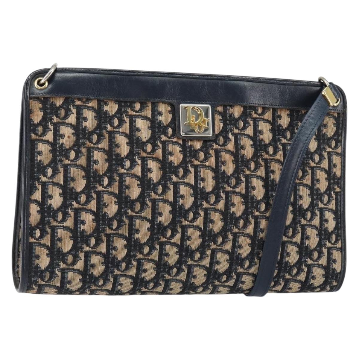 Christian Dior Trotter Canvas Shoulder Bag Navy Gold Auth 153348