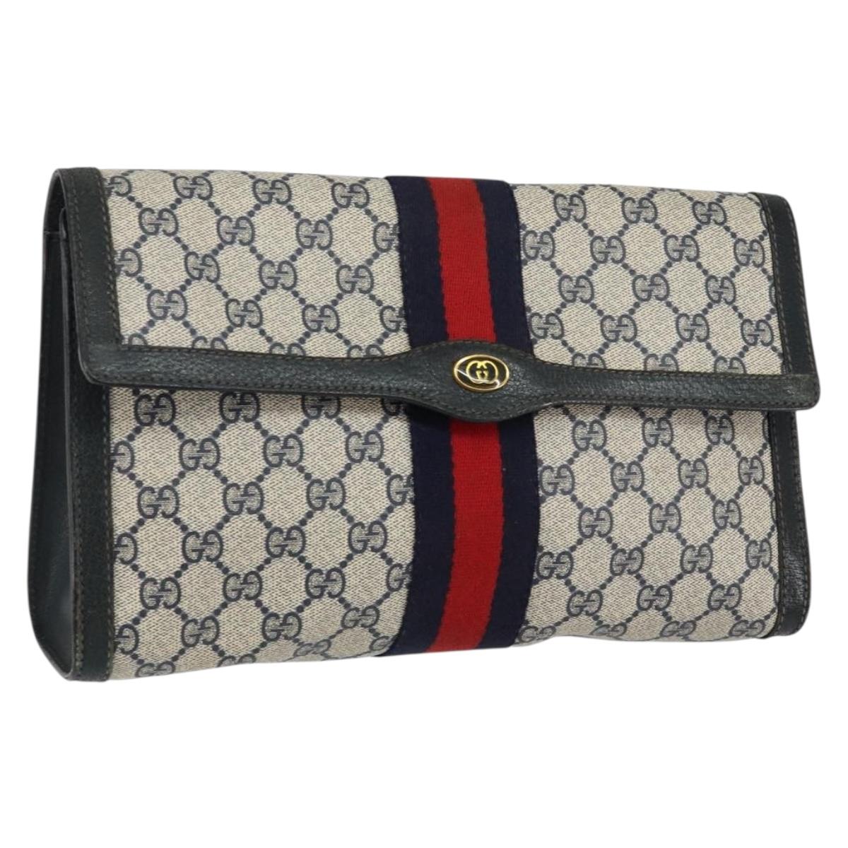 GUCCI GG Supreme Sherry Line Clutch Bag PVC Navy Red 84 01 007 Auth 153350