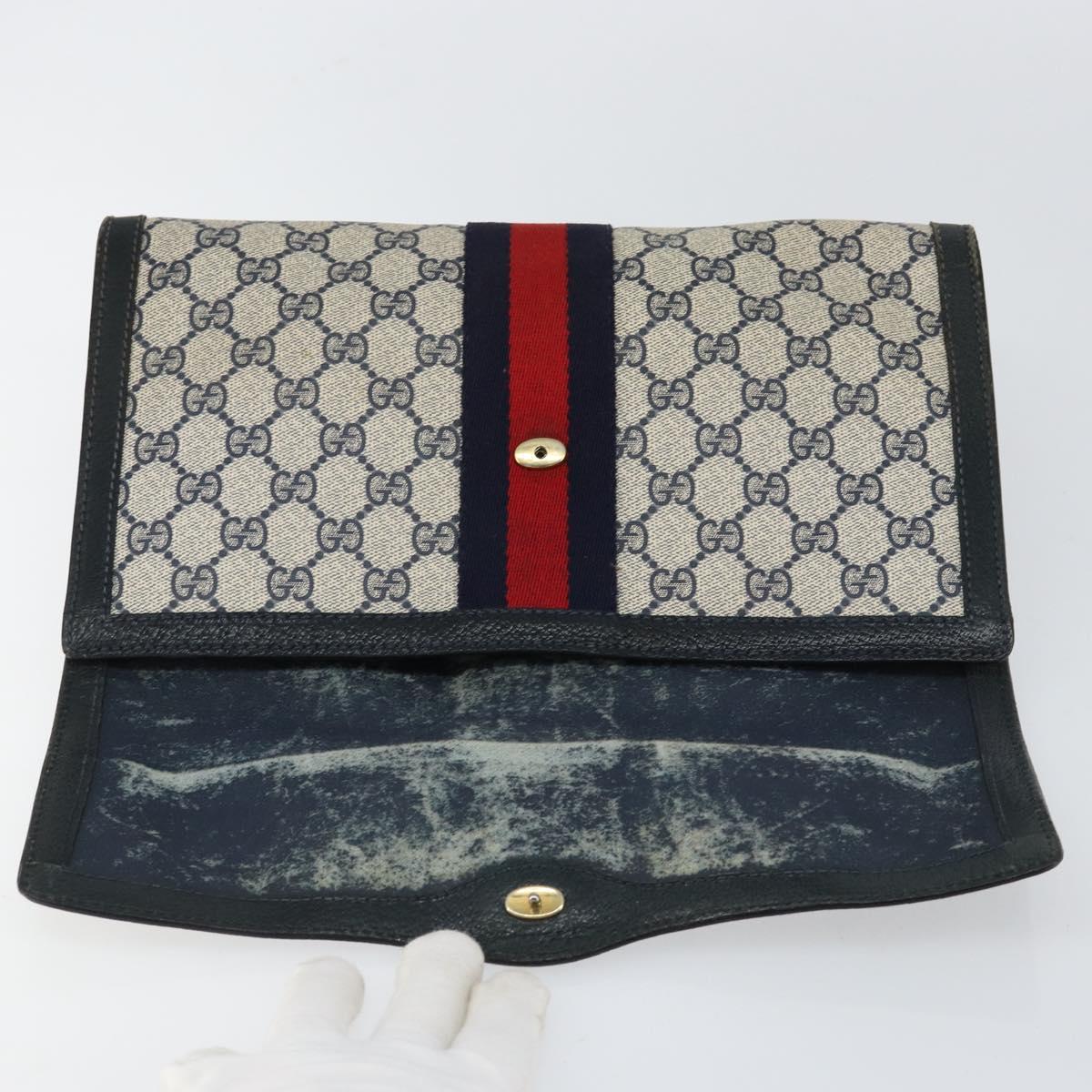 GUCCI GG Supreme Sherry Line Clutch Bag PVC Navy Red 84 01 007 Auth 153350