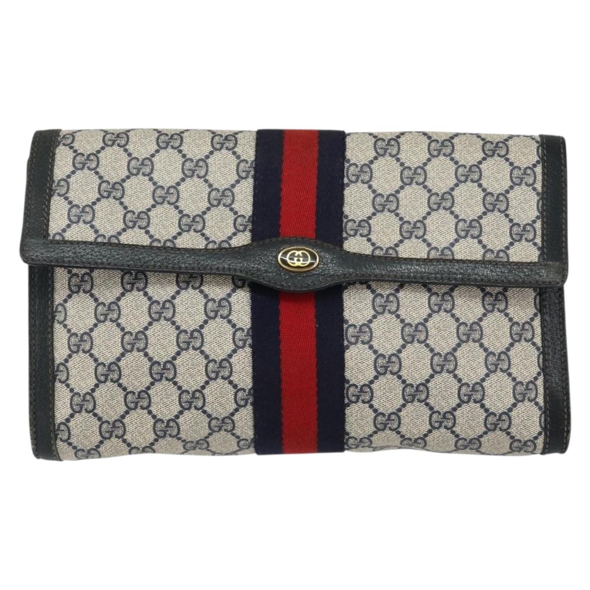GUCCI GG Supreme Sherry Line Clutch Bag PVC Navy Red 84 01 007 Auth 153350
