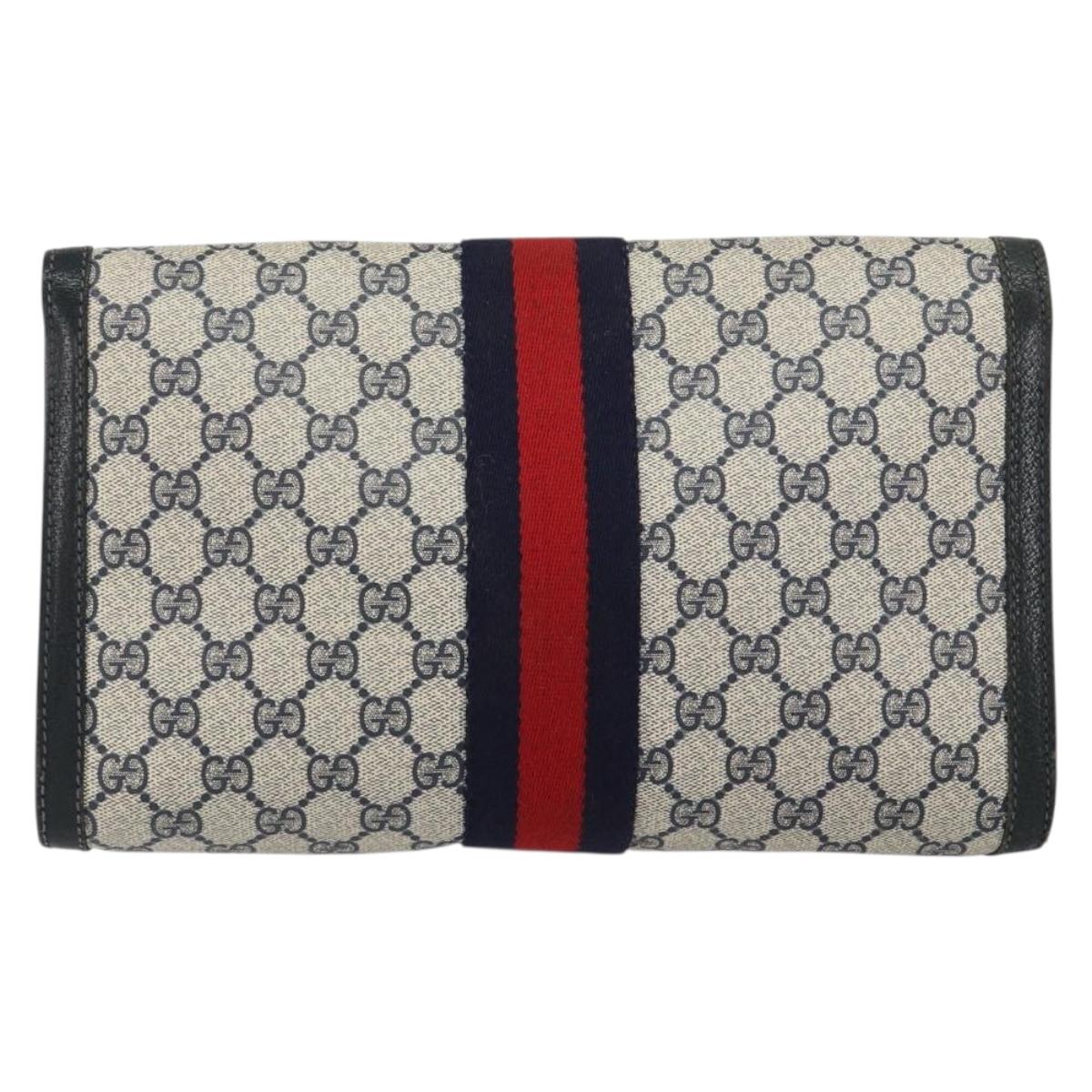 GUCCI GG Supreme Sherry Line Clutch Bag PVC Navy Red 84 01 007 Auth 153350