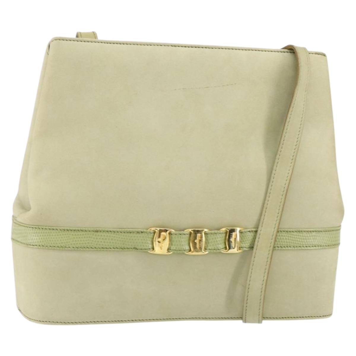 Salvatore Ferragamo Vala Shoulder Bag Suede Gold Light green Auth 153351