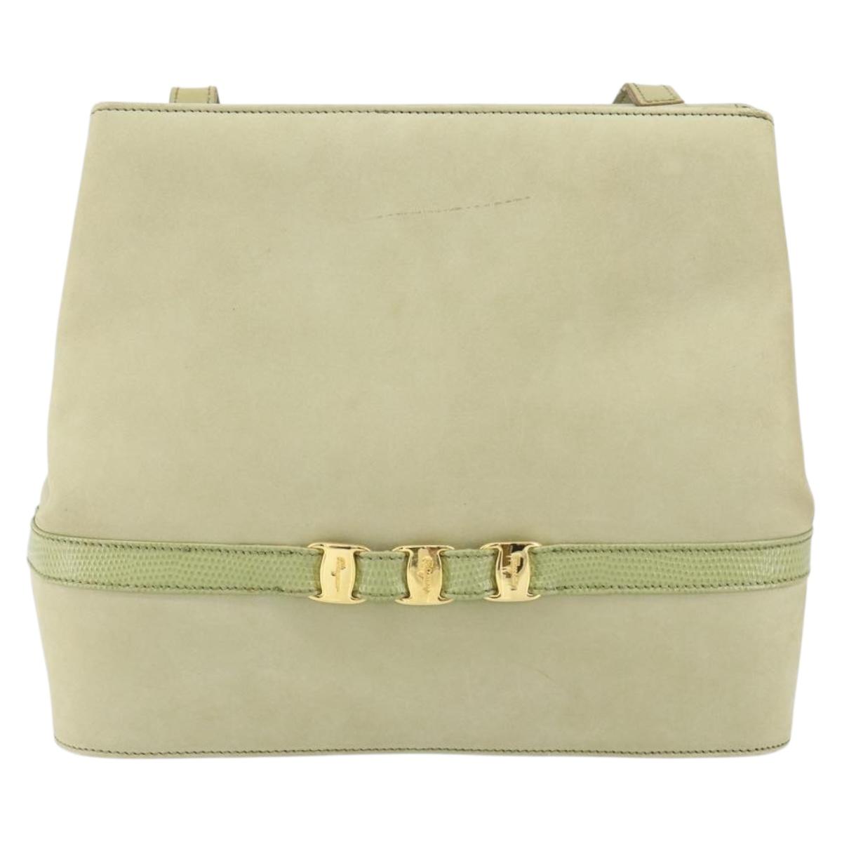 Salvatore Ferragamo Vala Shoulder Bag Suede Gold Light green Auth 153351