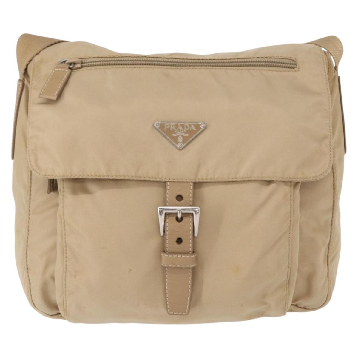 PRADA Shoulder Bag Nylon Beige Silver Auth 153352