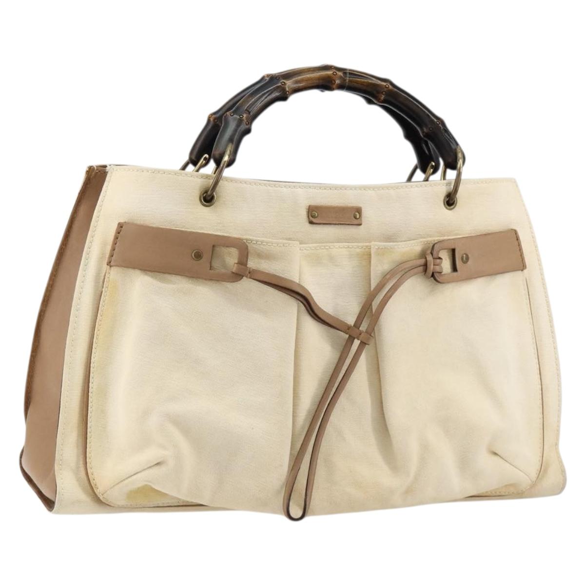 GUCCI Bamboo Hand Bag Canvas Ivory Gold 109138 Auth 153356