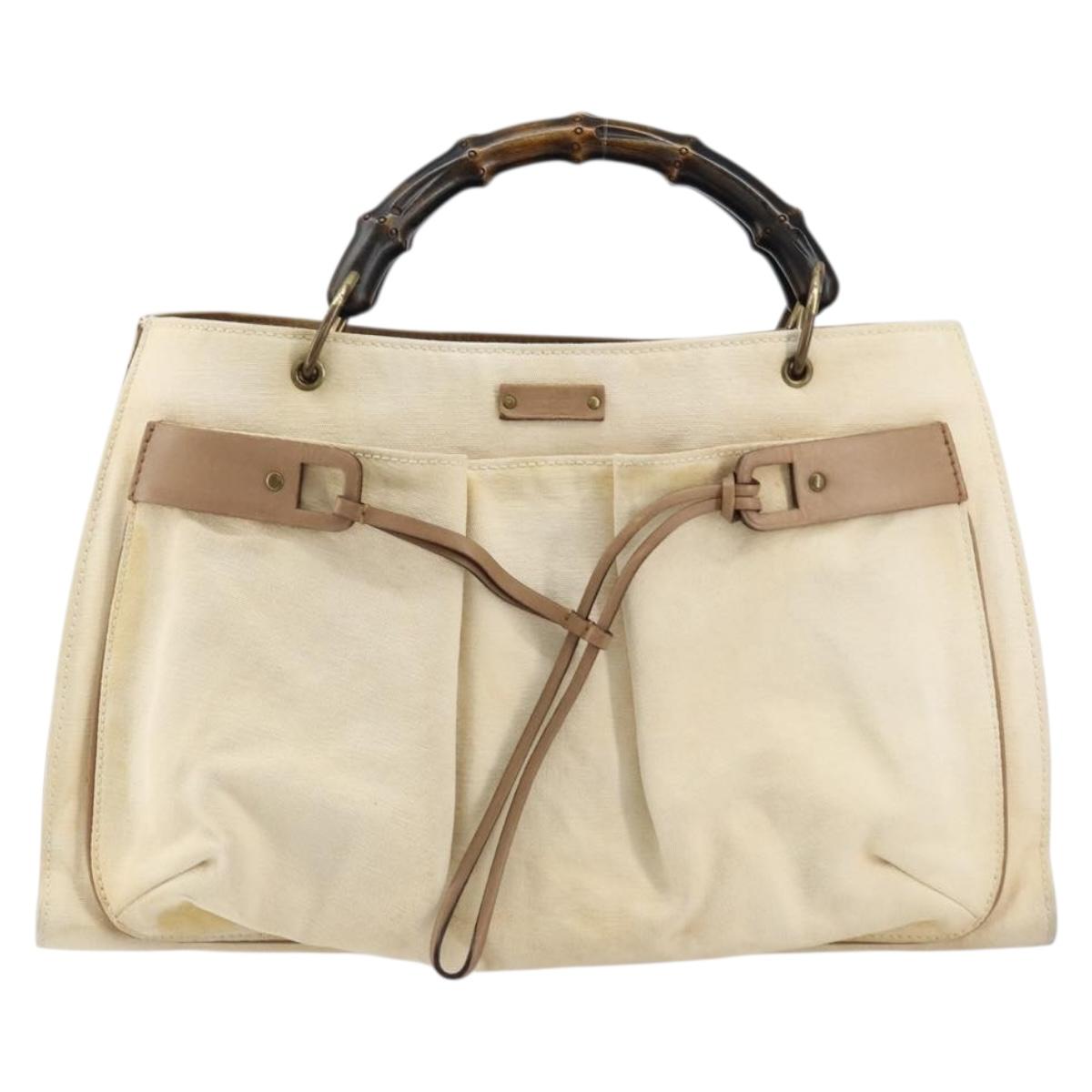 GUCCI Bamboo Hand Bag Canvas Ivory Gold 109138 Auth 153356
