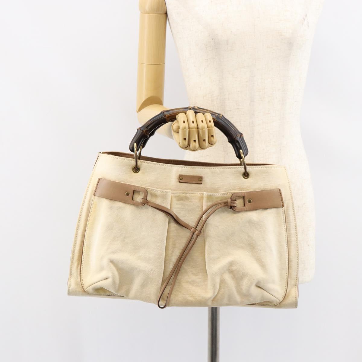 GUCCI Bamboo Hand Bag Canvas Ivory Gold 109138 Auth 153356