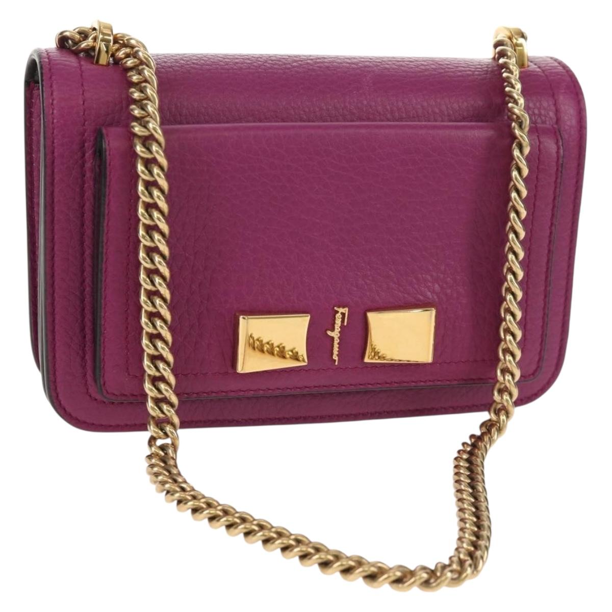 Salvatore Ferragamo Chain Gancini Shoulder Bag Leather Purple Gold Auth 153364V