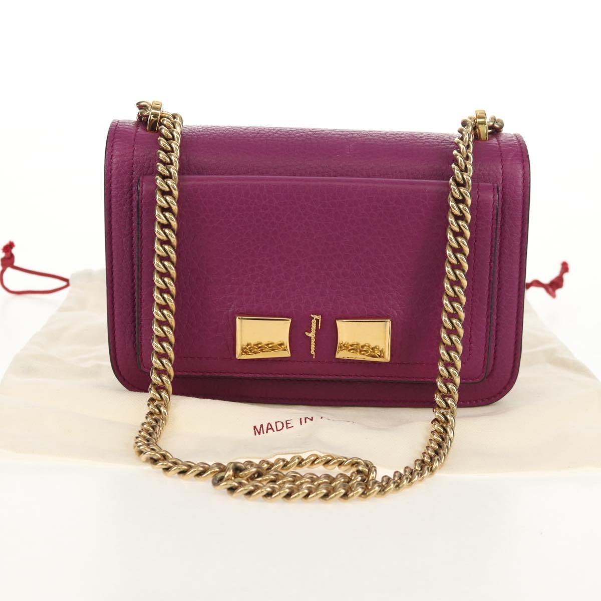 Salvatore Ferragamo Chain Gancini Shoulder Bag Leather Purple Gold Auth 153364V
