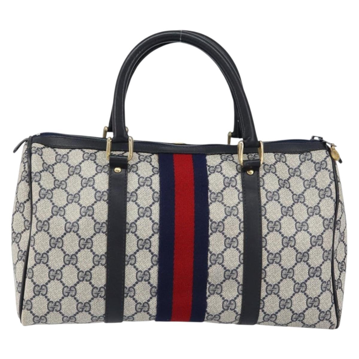 GUCCI GG Supreme Sherry Line Boston Bag PVC Navy Gold Red Auth 153368