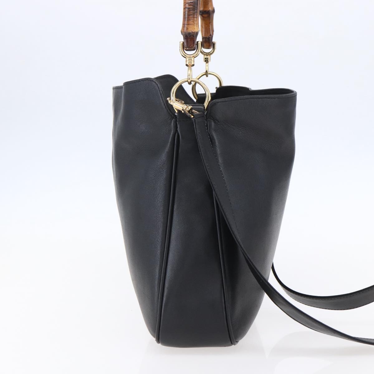 GUCCI Bamboo Hand Bag Leather 2way Black Gold 001 1998 1638 Auth 153369