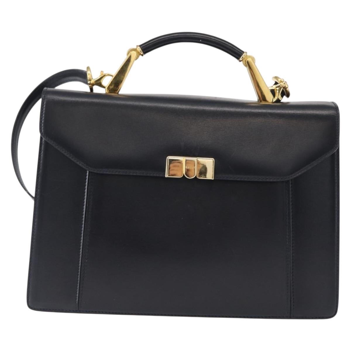 BALLY Hand Bag Leather 2way Navy Gold Auth 153371