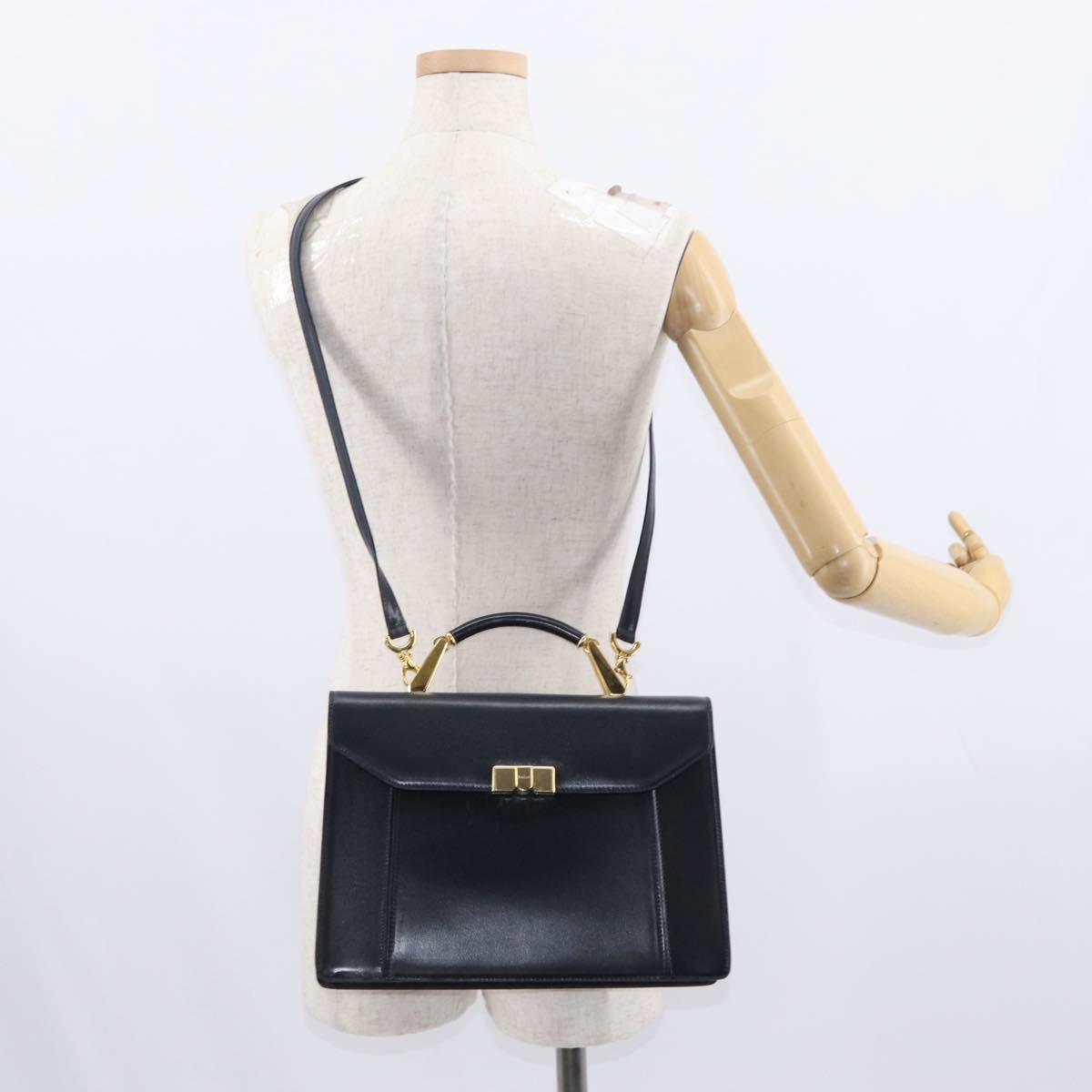 BALLY Hand Bag Leather 2way Navy Gold Auth 153371