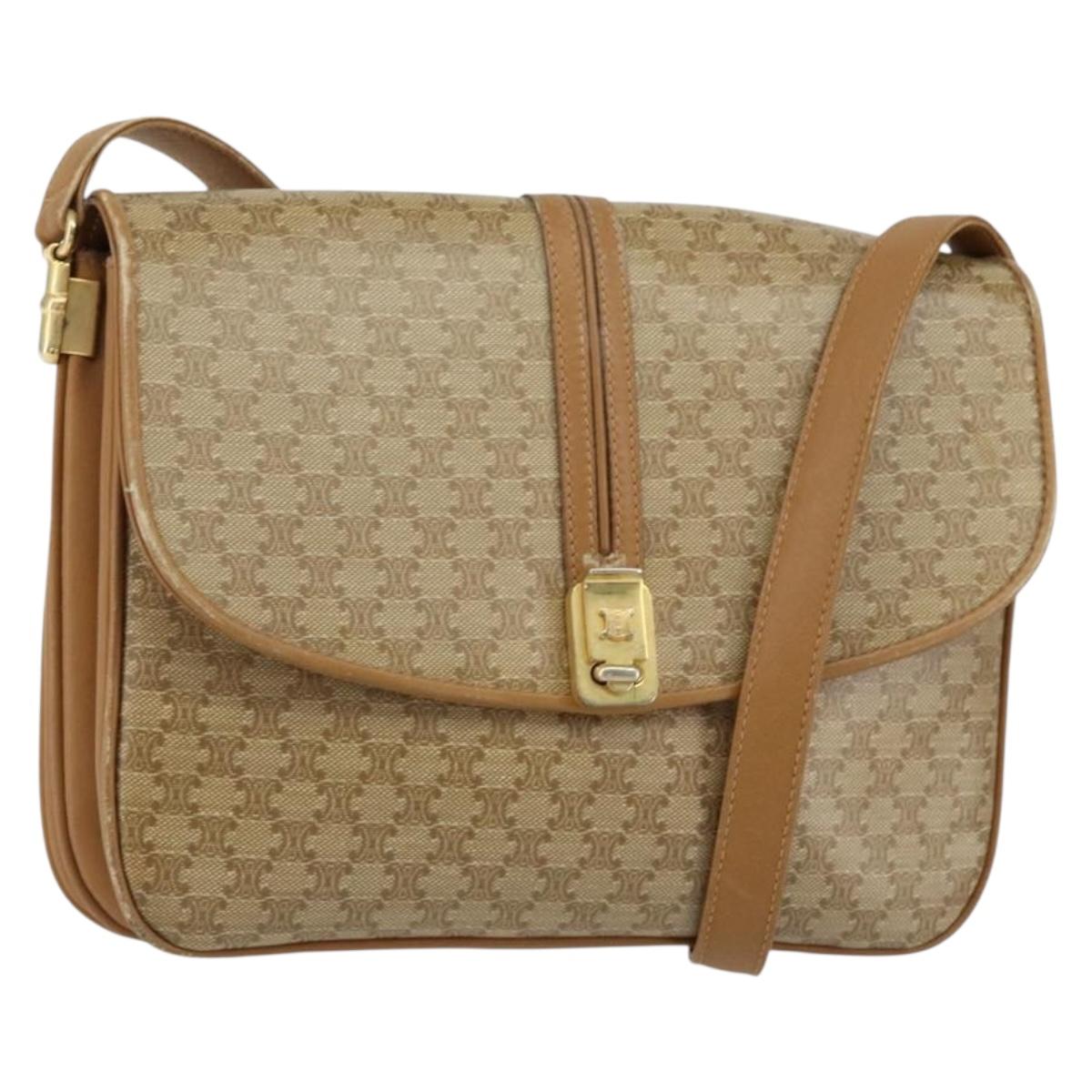 CELINE Macadam Canvas Shoulder Bag PVC Leather Beige Gold Auth 153390