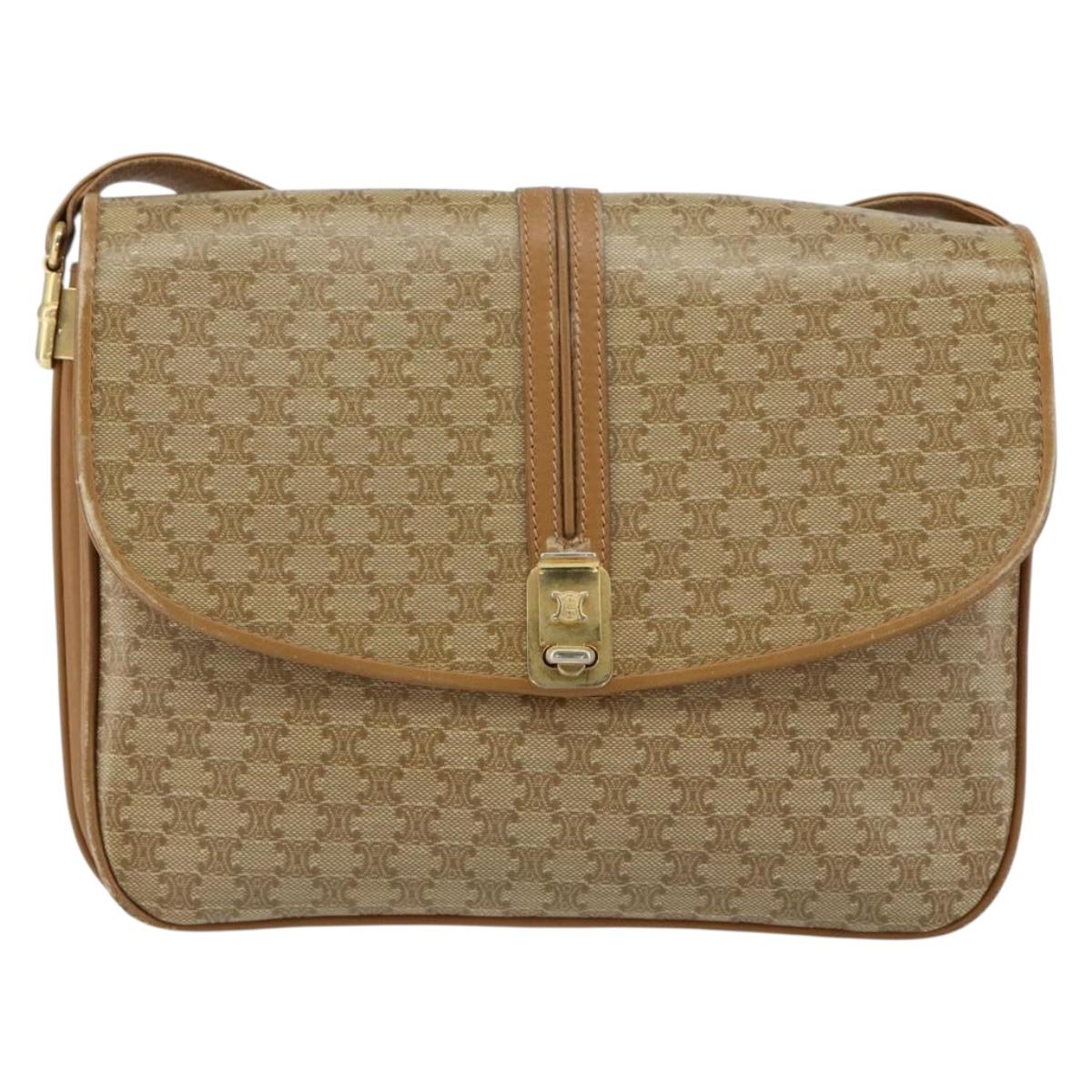 CELINE Macadam Canvas Shoulder Bag PVC Leather Beige Gold Auth 153390