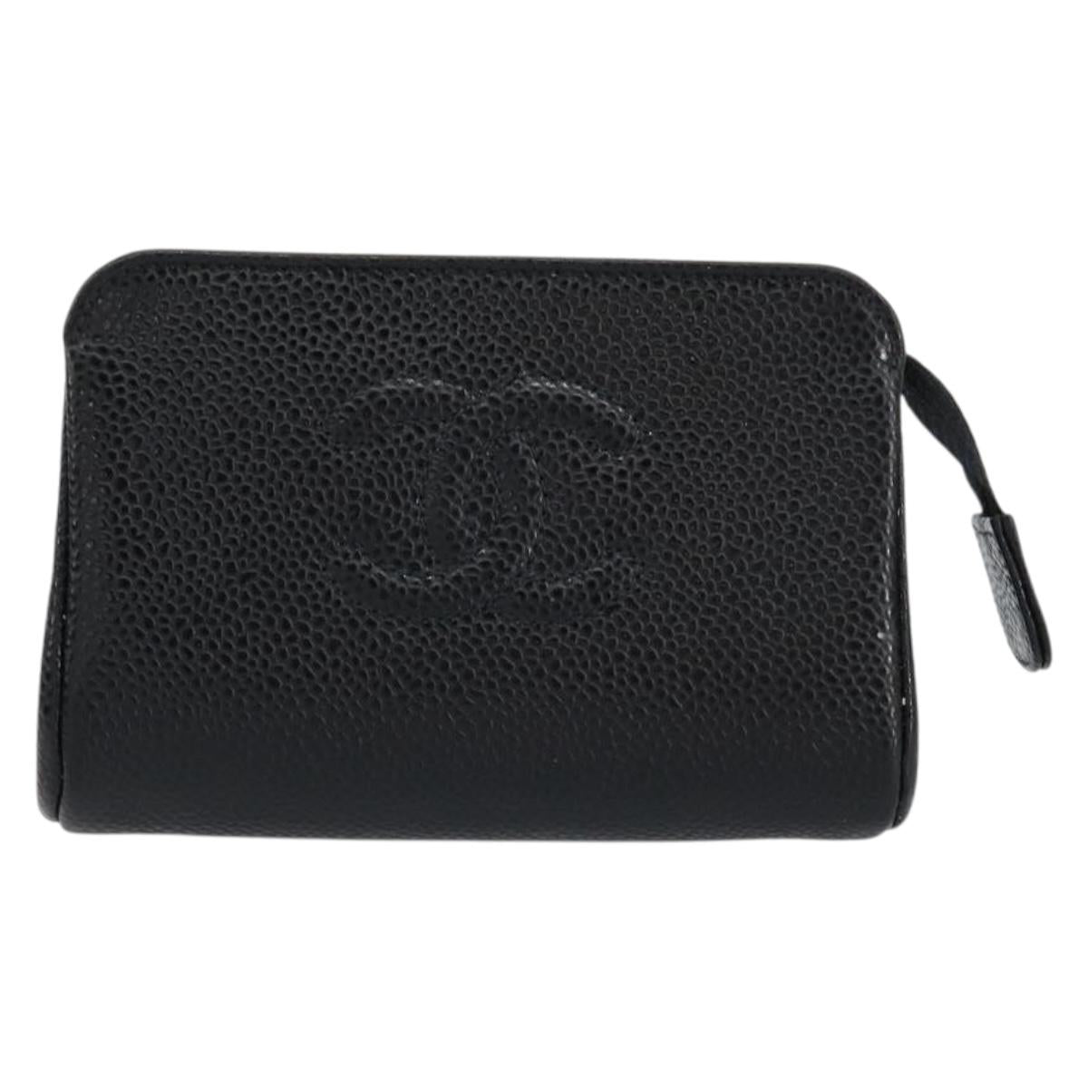 CHANEL COCO Mark Pouch Caviar Skin Black Gold CC Auth 153420