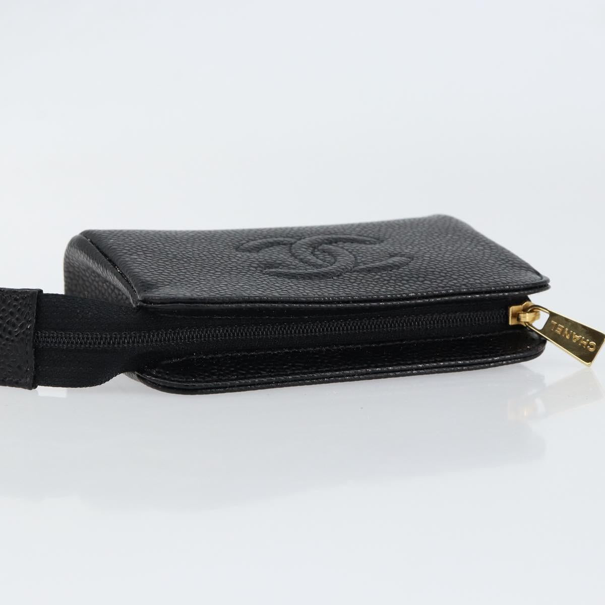 CHANEL COCO Mark Pouch Caviar Skin Black Gold CC Auth 153420