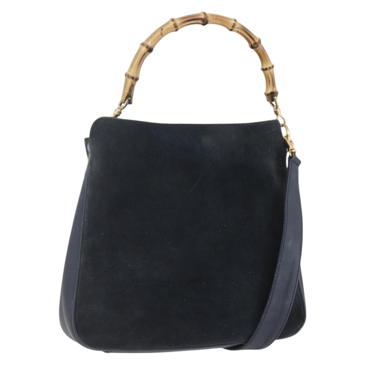 GUCCI Bamboo Hand Bag Suede 2way Navy Gold Auth 153438