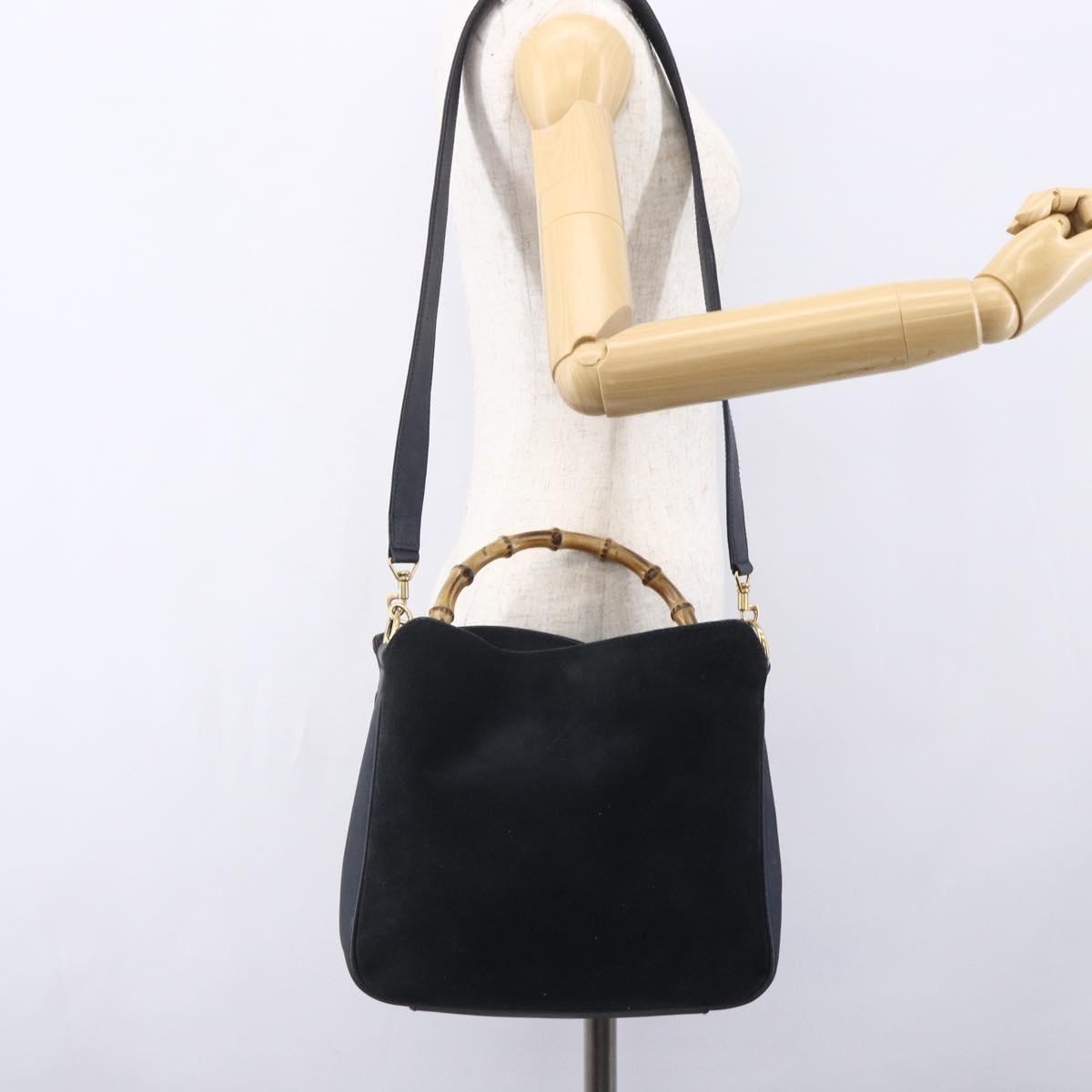 GUCCI Bamboo Hand Bag Suede 2way Navy Gold Auth 153438