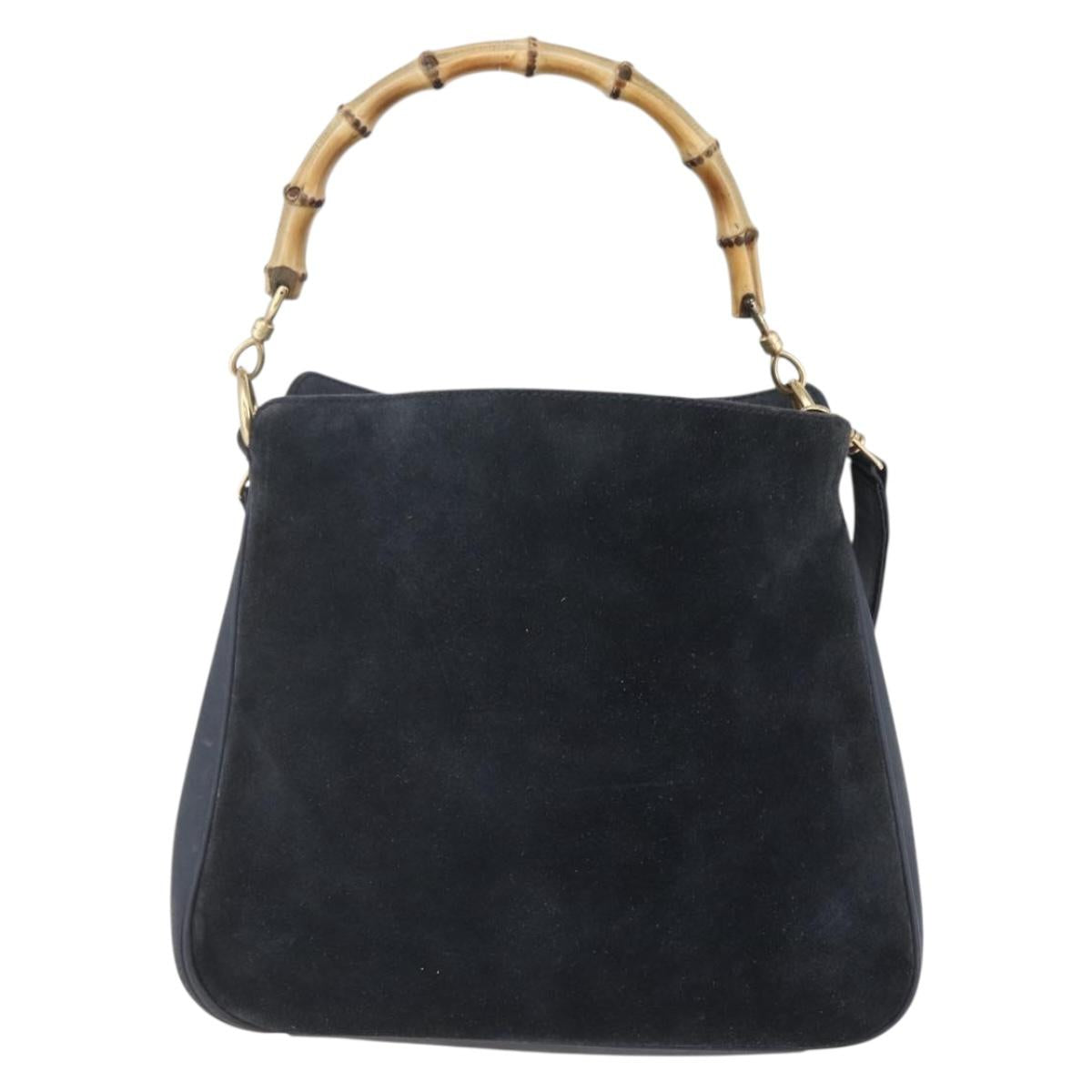 GUCCI Bamboo Hand Bag Suede 2way Navy Gold Auth 153438