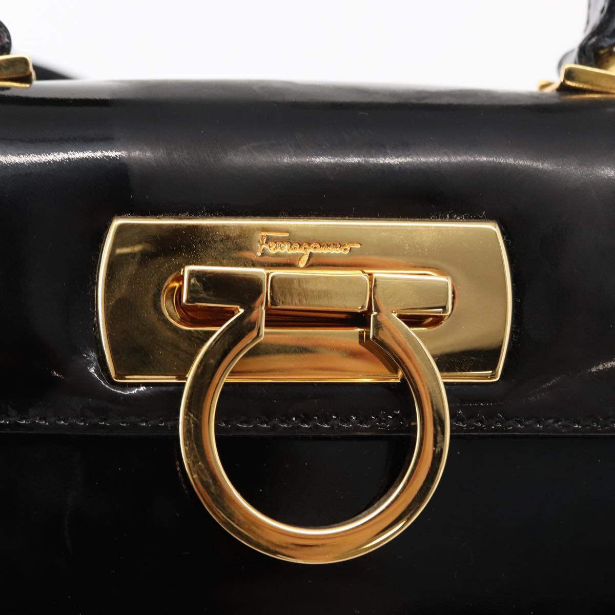 Salvatore Ferragamo Gancini Hand Bag Enamel 2way Black Gold Auth 153460