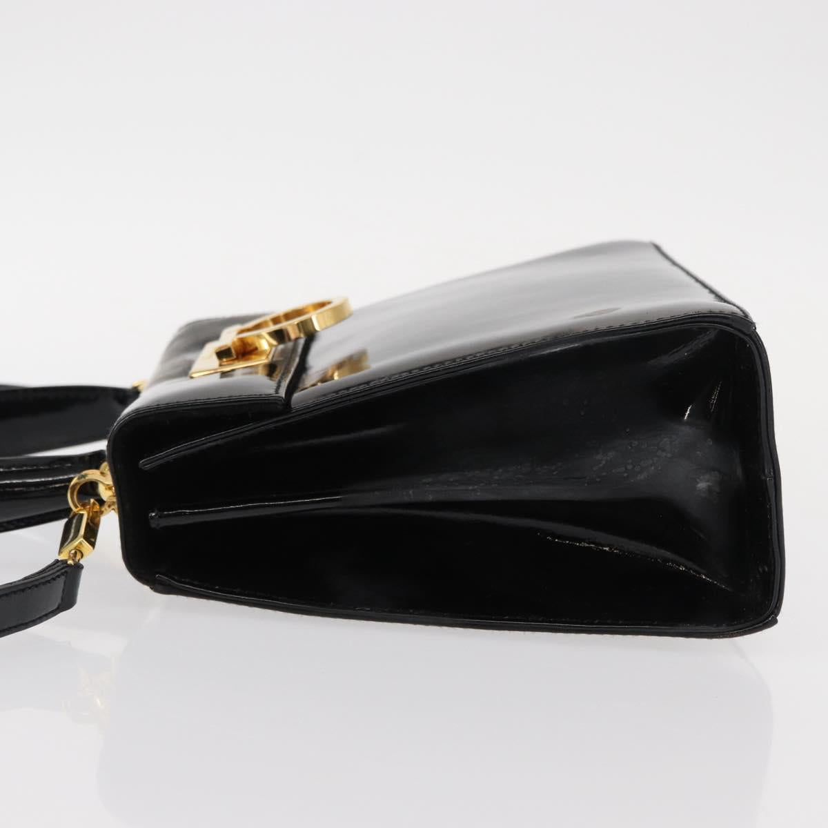 Salvatore Ferragamo Gancini Hand Bag Enamel 2way Black Gold Auth 153460