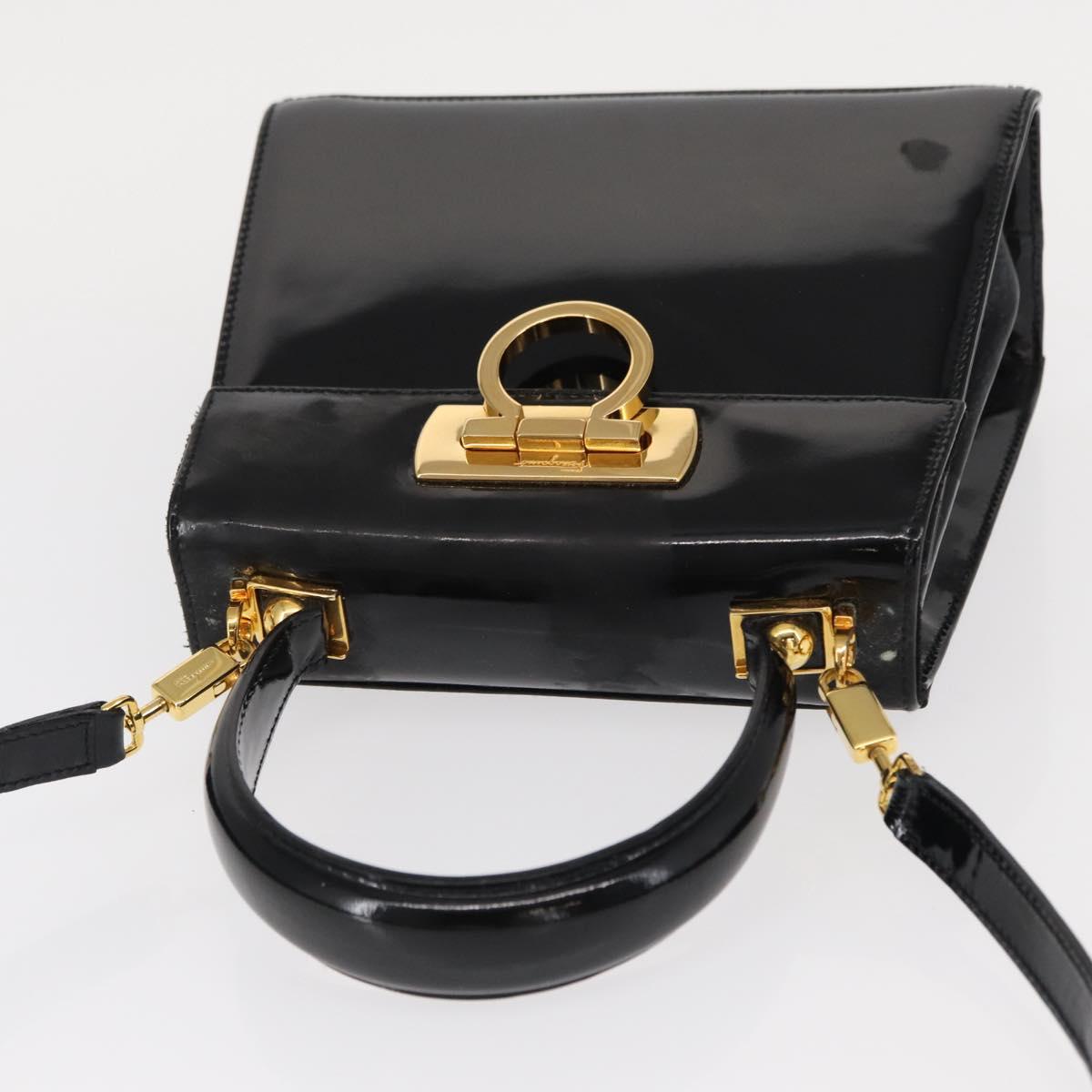 Salvatore Ferragamo Gancini Hand Bag Enamel 2way Black Gold Auth 153460