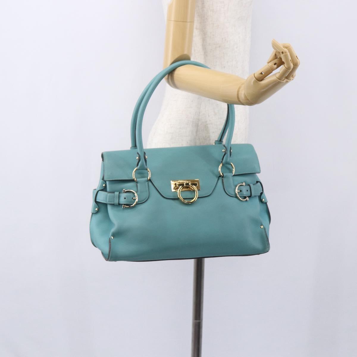 Salvatore Ferragamo Gancini Tote Bag Leather Turquoise Blue Auth 153461