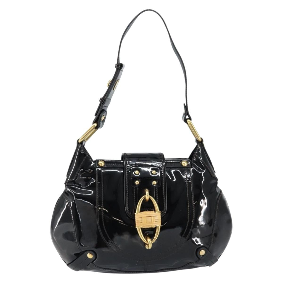 Salvatore Ferragamo Gancini Tote Bag Enamel Black Gold Auth 153463