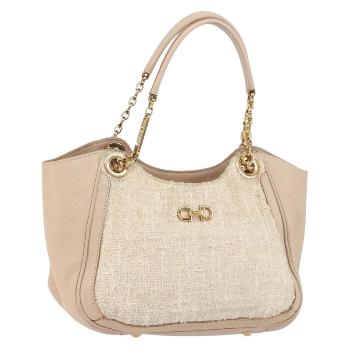 Salvatore Ferragamo Gancini Tote Bag Tweed Suede Beige Gold Auth 153464