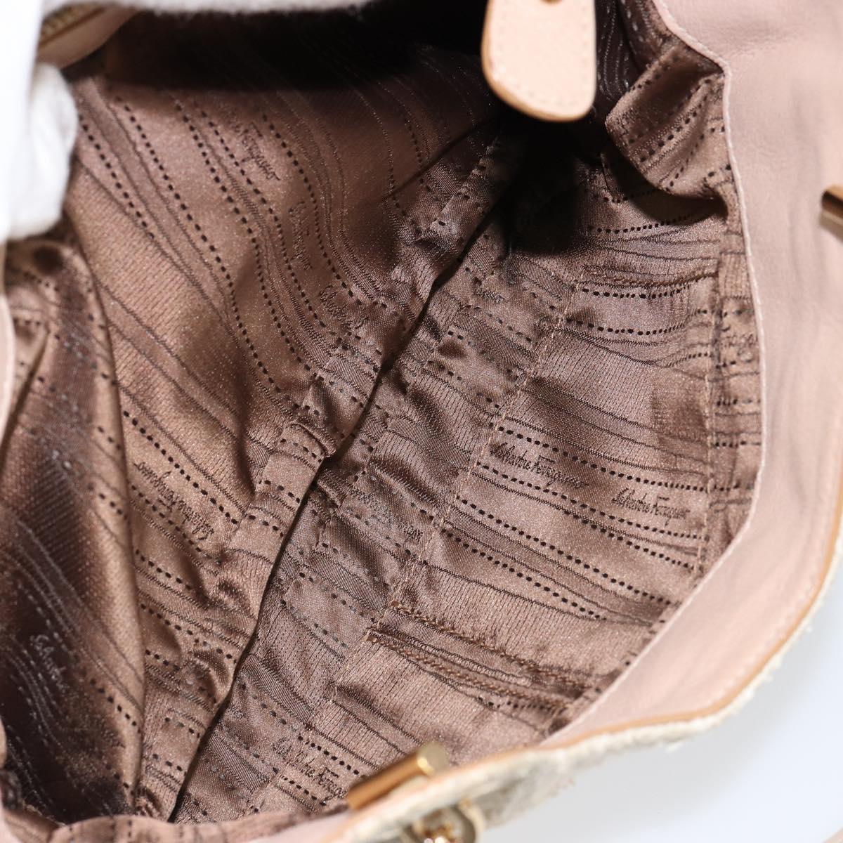 Salvatore Ferragamo Gancini Tote Bag Tweed Suede Beige Gold Auth 153464