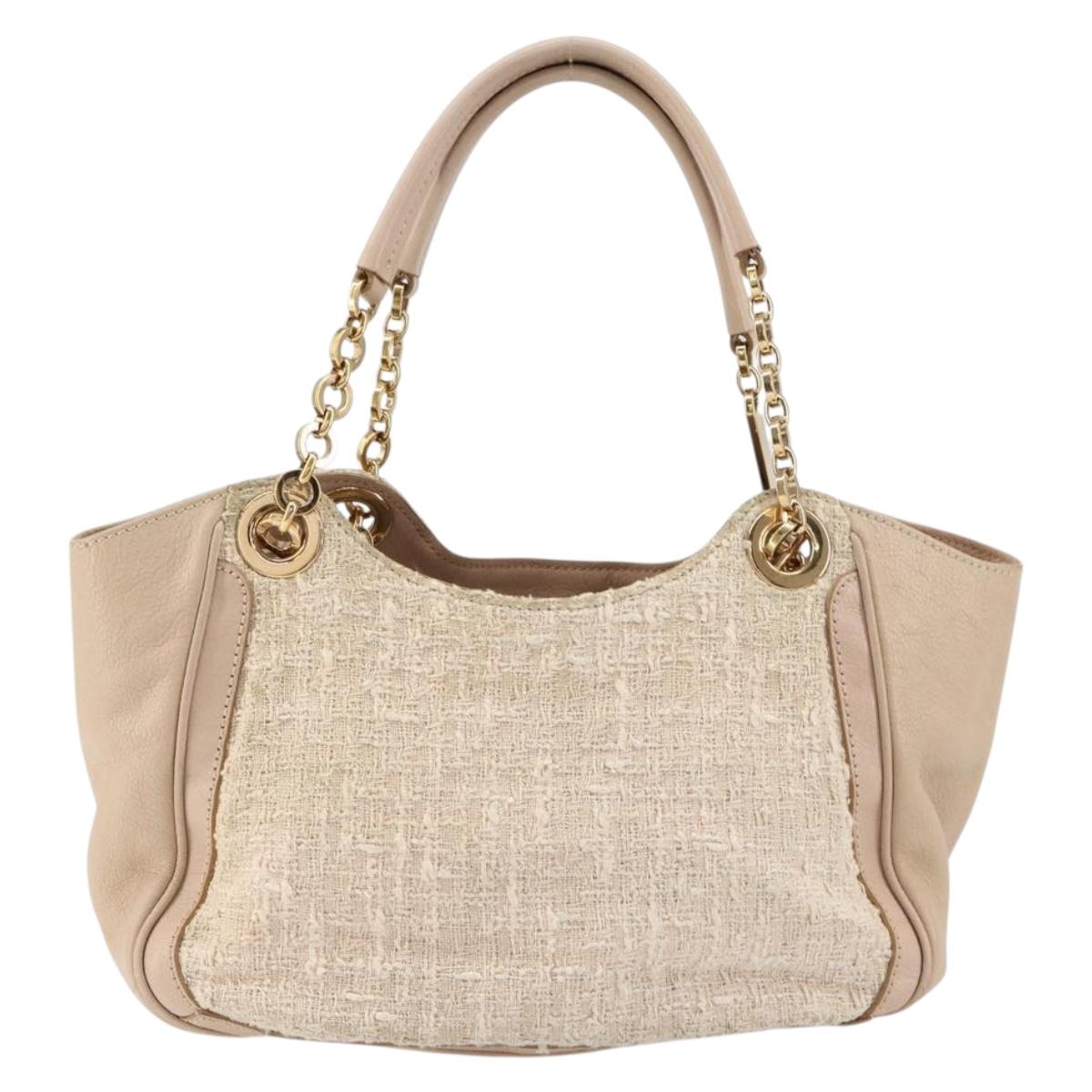 Salvatore Ferragamo Gancini Tote Bag Tweed Suede Beige Gold Auth 153464
