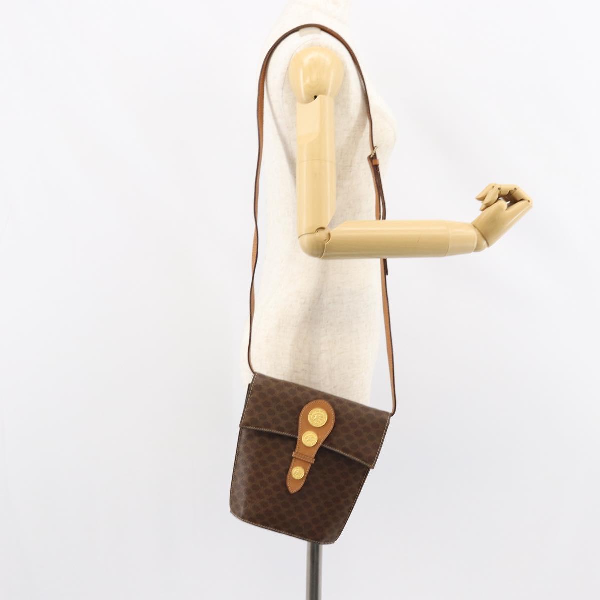 CELINE Macadam Canvas Medallion Shoulder Bag PVC Leather Brown Gold Auth 153467