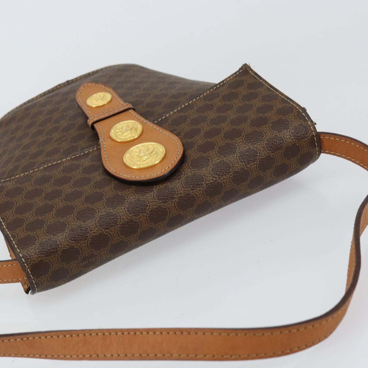 CELINE Macadam Canvas Medallion Shoulder Bag PVC Leather Brown Gold Auth 153467