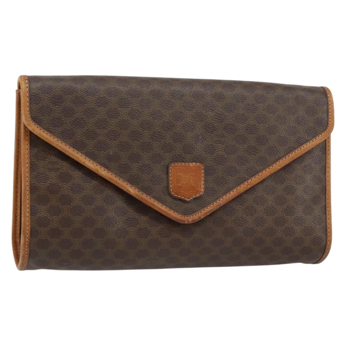 CELINE Macadam Canvas Clutch Bag PVC Leather Brown Gold Auth 153469