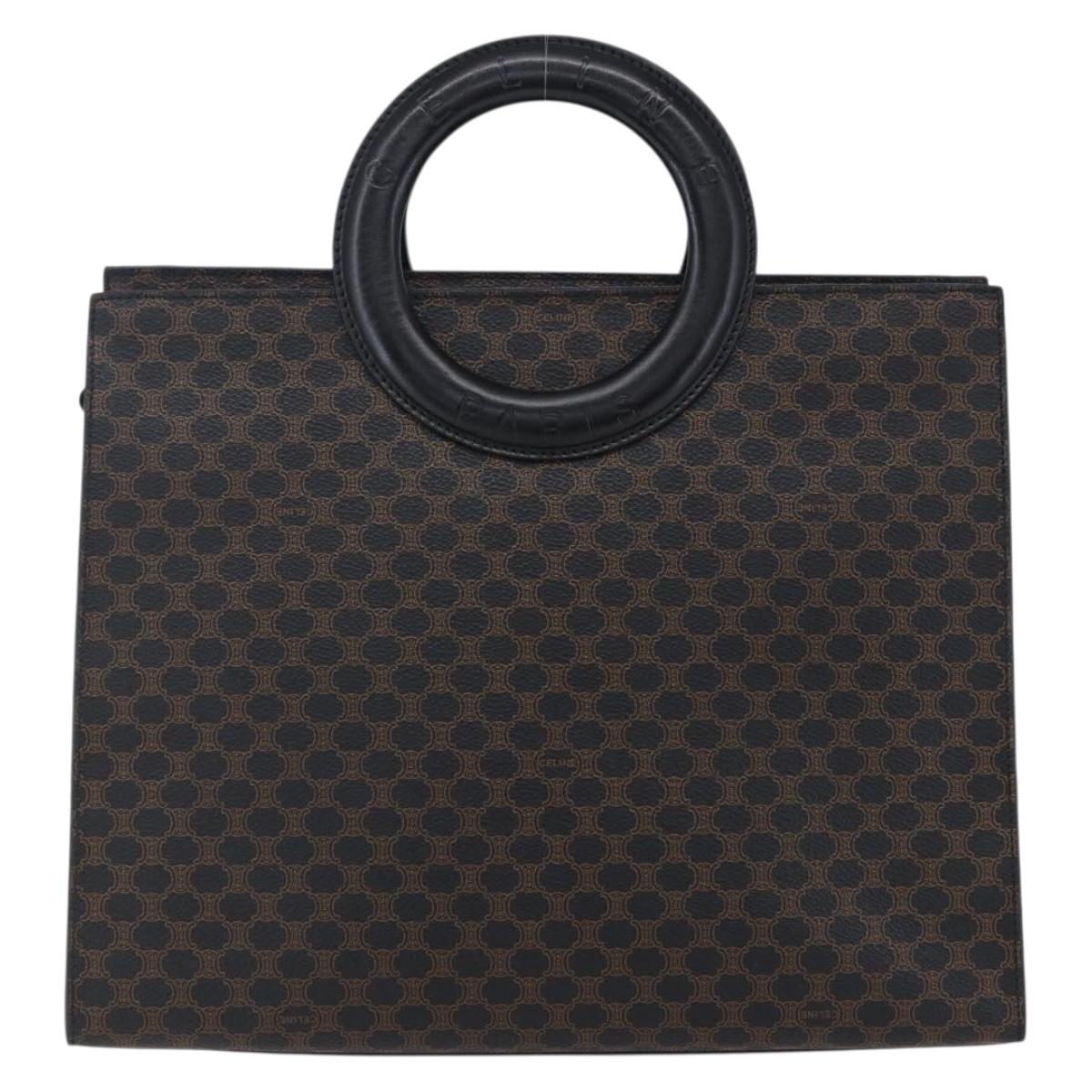 CELINE Macadam Canvas Circle Hand Bag PVC Leather Black Gold Auth 153472