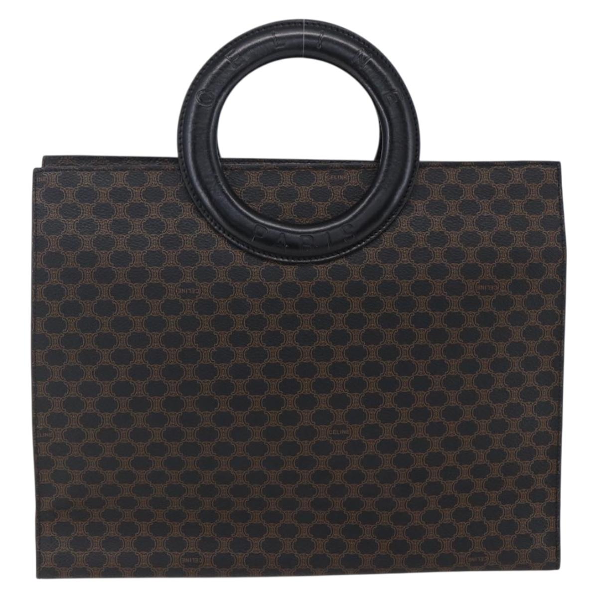 CELINE Macadam Canvas Circle Hand Bag PVC Leather Black Gold Auth 153472
