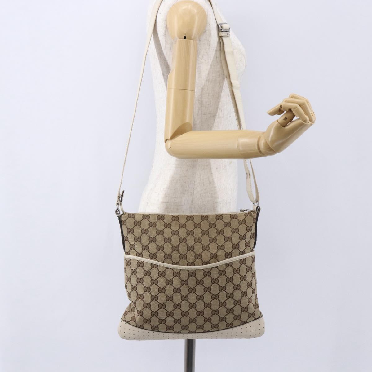 GUCCI GG Canvas Shoulder Bag Beige Silver 145857 Auth 153476