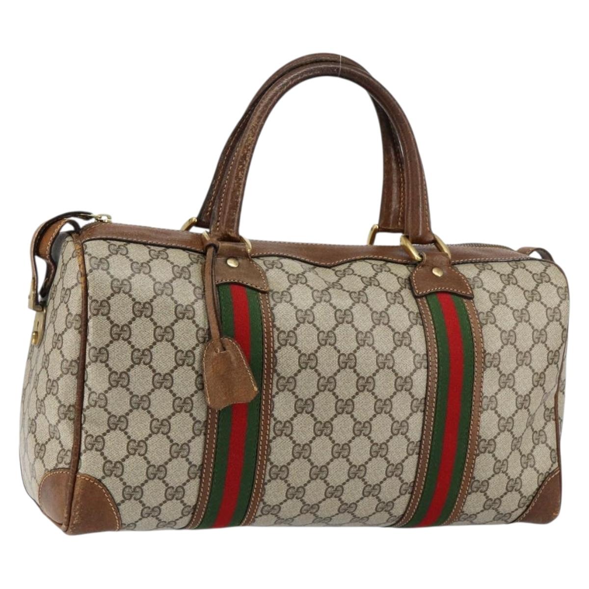 GUCCI GG Supreme Web Sherry Line Boston Bag PVC Beige Gold Auth 153478