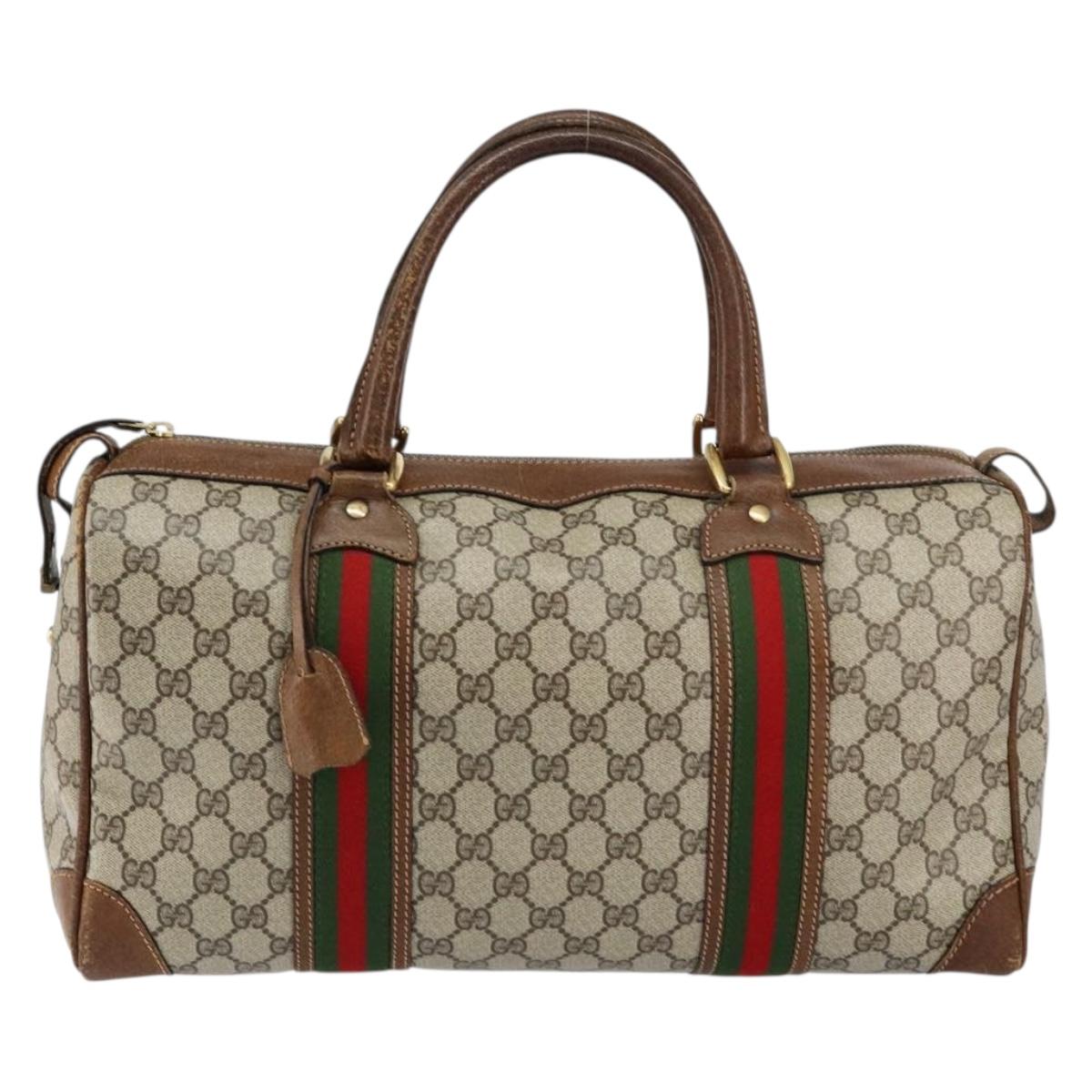 GUCCI GG Supreme Web Sherry Line Boston Bag PVC Beige Gold Auth 153478