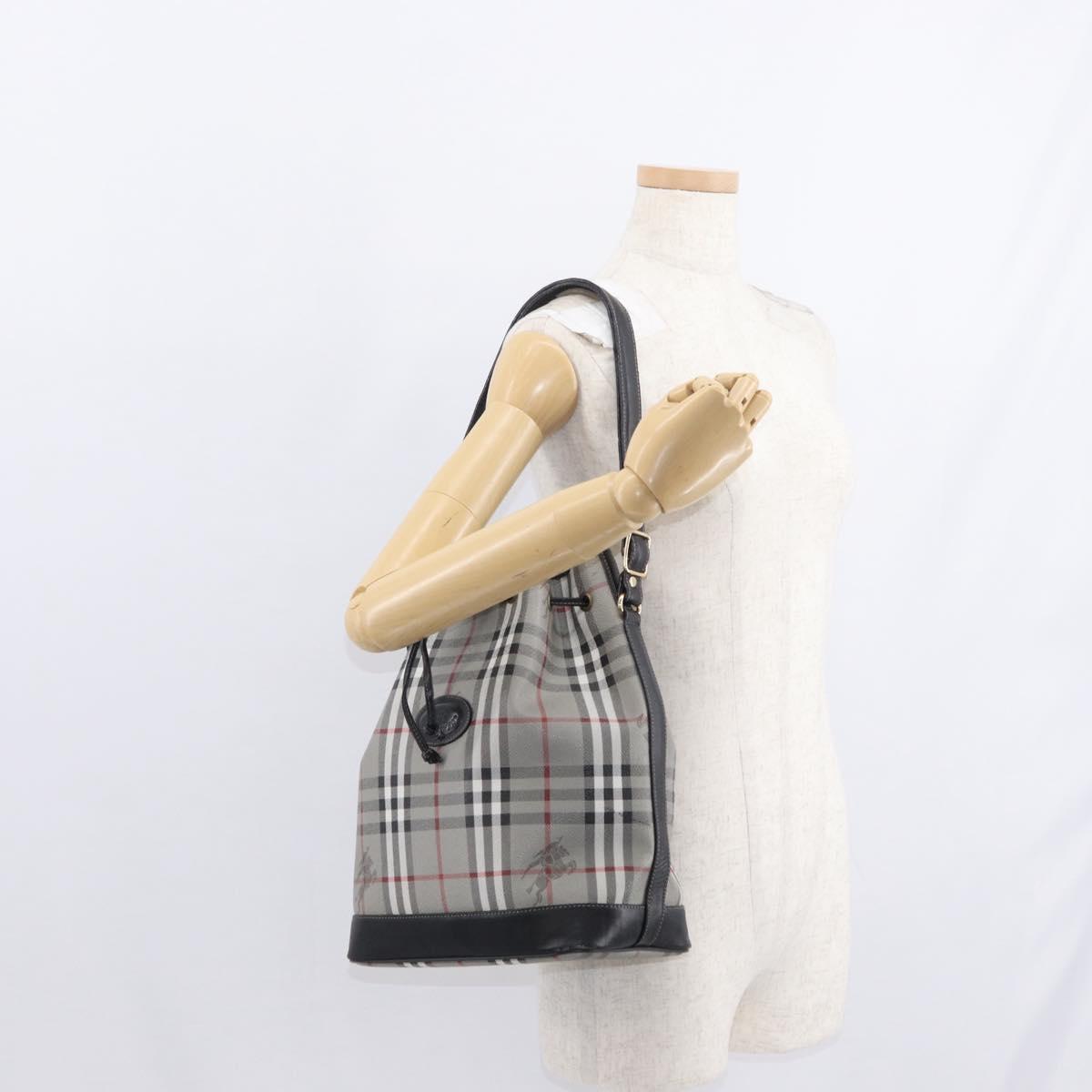 BURBERRY Nova Check Shoulder Bag PVC Gray Gold Auth 153486